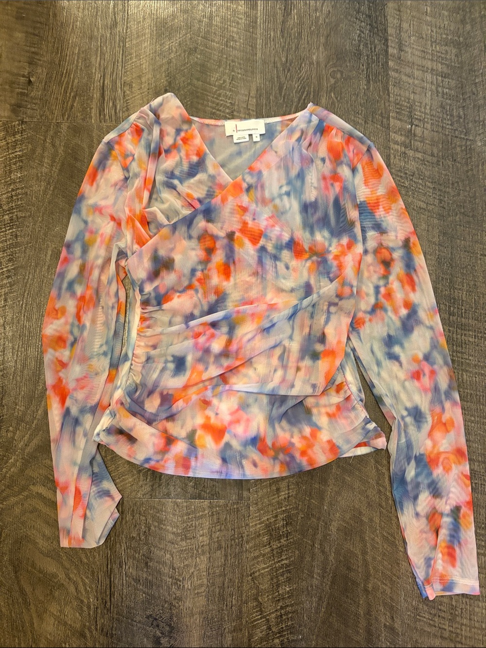 Anthropologie Sheer Watercolor Wrap Blouse — Orange, Blue & Pink